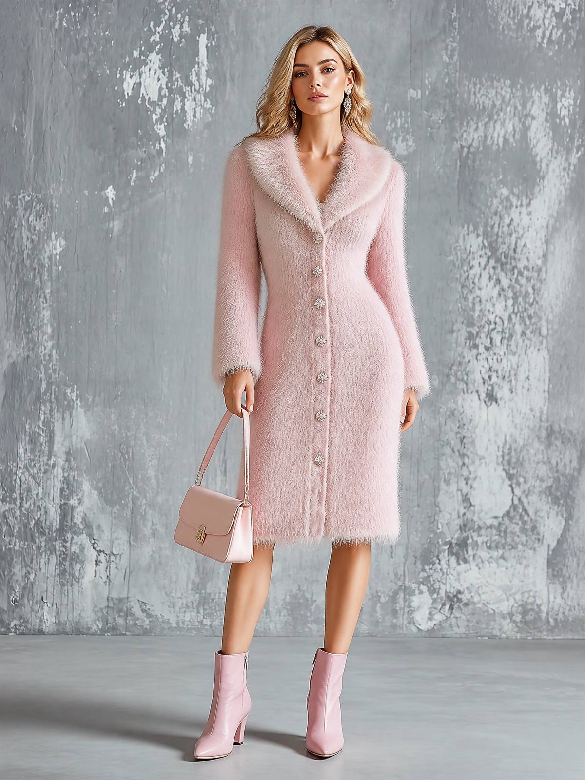 Chic Elegant Pink Notched Lapel Single-Breasted Long-Sleeve A-Line Fuzzy Knit Midi Dress