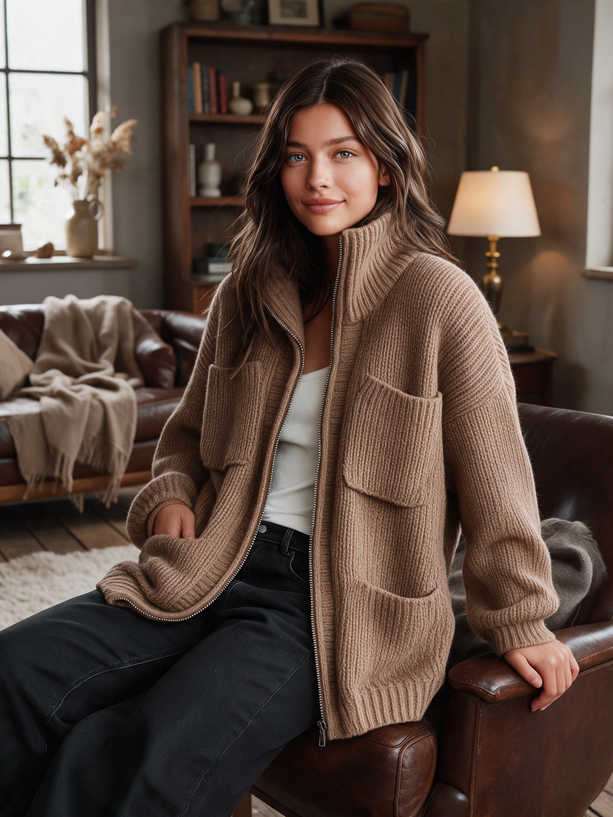 Chic Casual Camel Stand Collar Zipper-Placket Long-Sleeve Multi Pockets Loose-Fit Wool Blend Ribbed Knit Cardigan