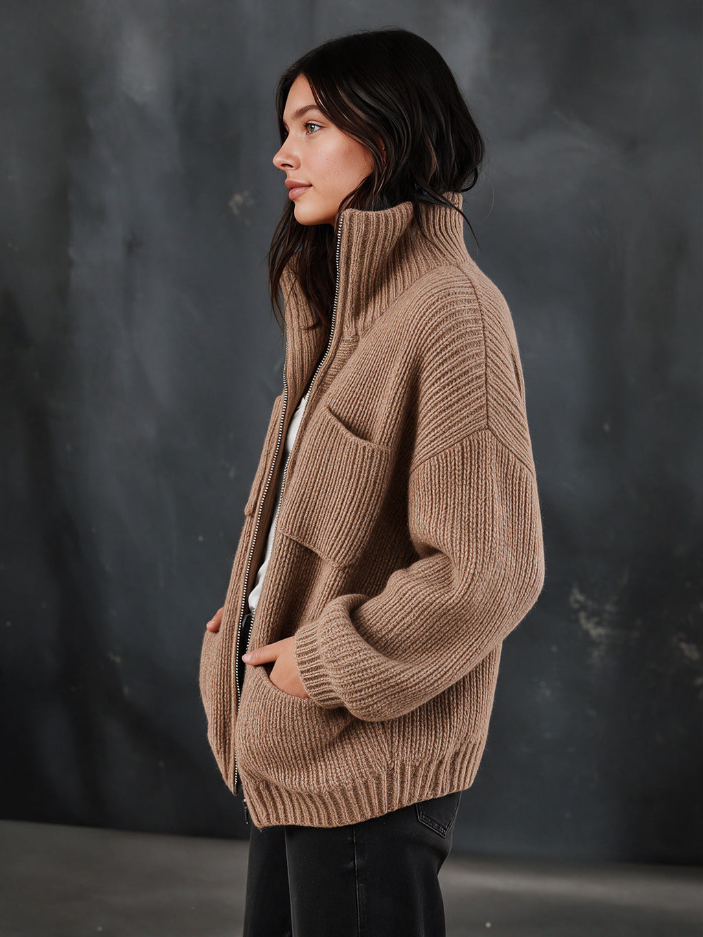 Chic Casual Camel Stand Collar Zipper-Placket Long-Sleeve Multi Pockets Loose-Fit Wool Blend Ribbed Knit Cardigan