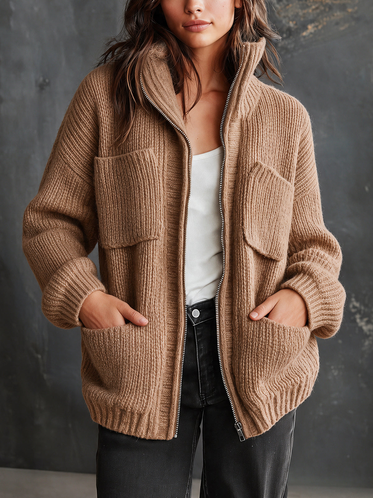 Chic Casual Camel Stand Collar Zipper-Placket Long-Sleeve Multi Pockets Loose-Fit Wool Blend Ribbed Knit Cardigan