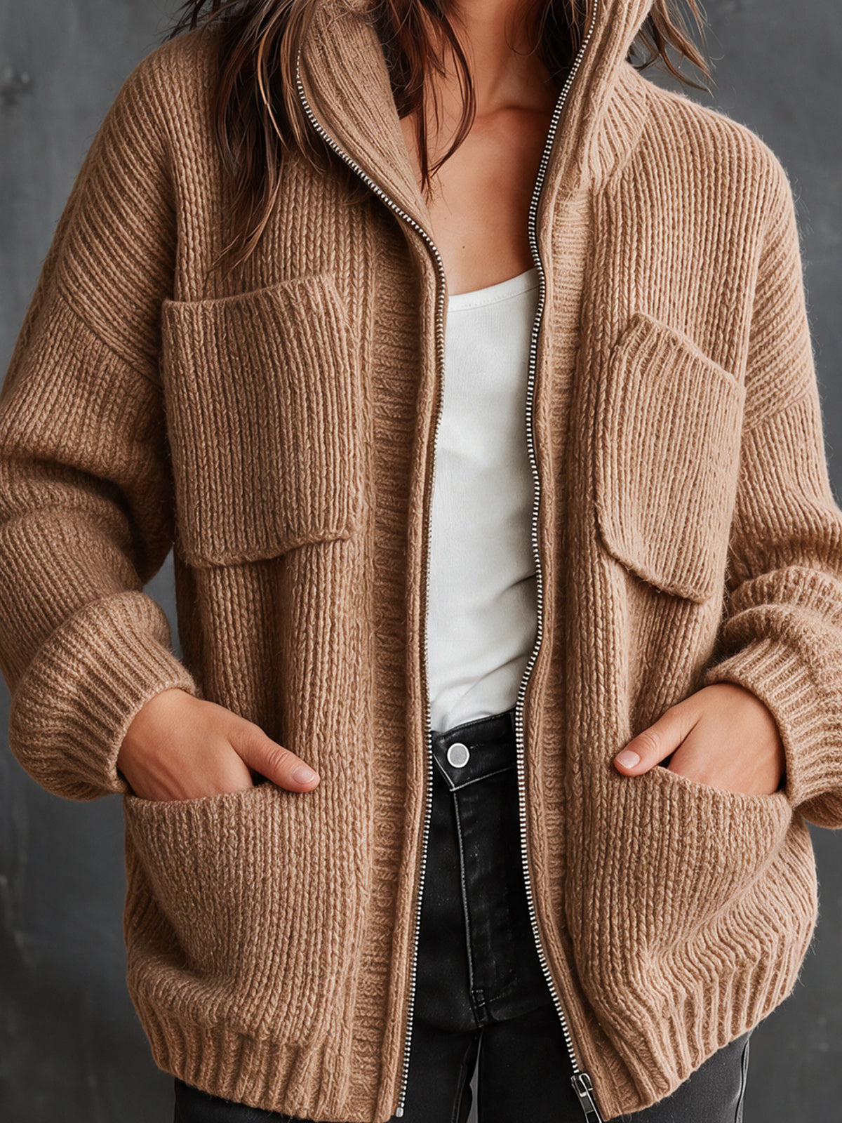 Chic Casual Camel Stand Collar Zipper-Placket Long-Sleeve Multi Pockets Loose-Fit Wool Blend Ribbed Knit Cardigan