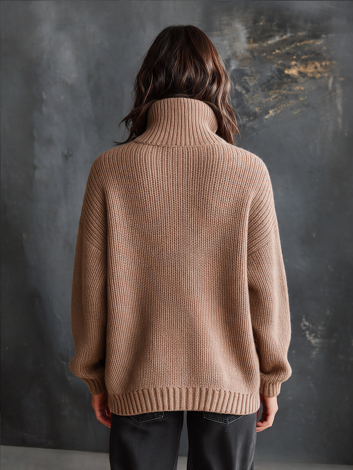 Chic Casual Camel Stand Collar Zipper-Placket Long-Sleeve Multi Pockets Loose-Fit Wool Blend Ribbed Knit Cardigan