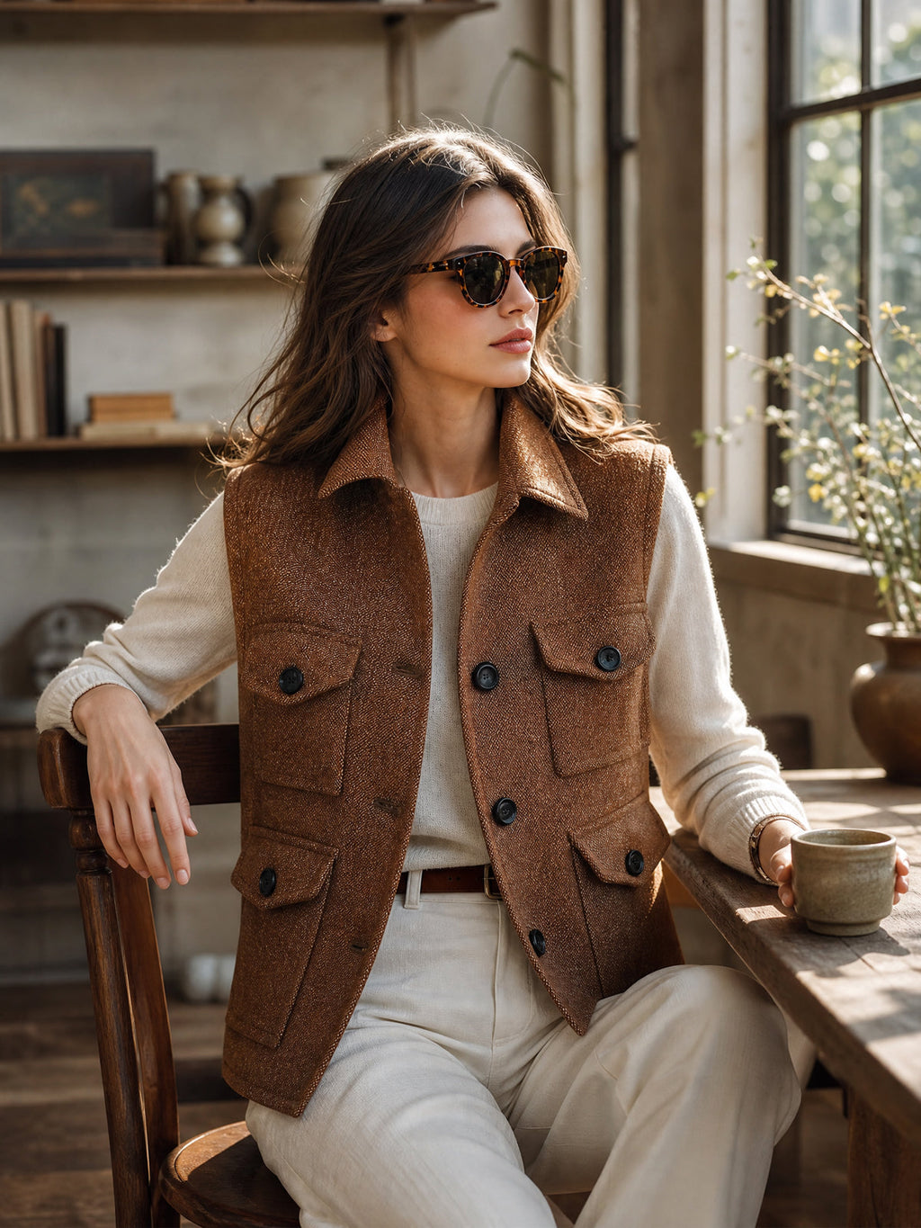 Chic Casual Brown Twill Woolen Blend Lapel Collar Single-Breasted Multi Pockets Loose-Fit Cargo Vest