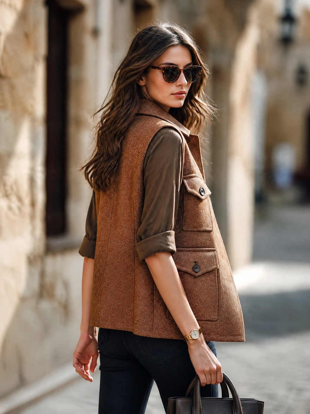 Chic Casual Brown Twill Woolen Blend Lapel Collar Single-Breasted Multi Pockets Loose-Fit Cargo Vest