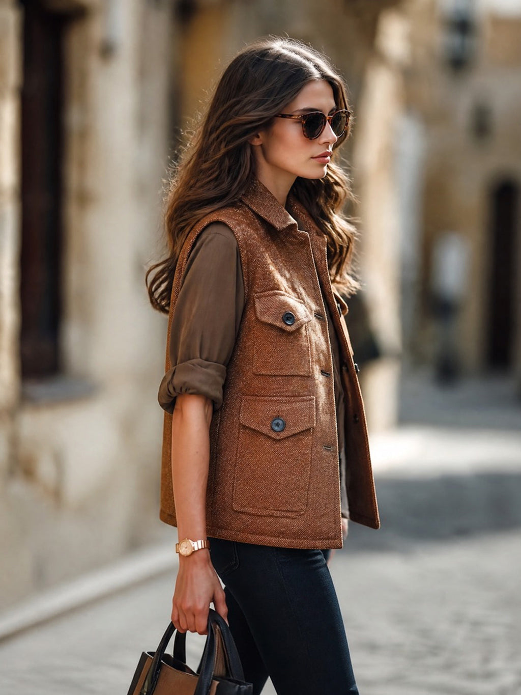 Chic Casual Brown Twill Woolen Blend Lapel Collar Single-Breasted Multi Pockets Loose-Fit Cargo Vest