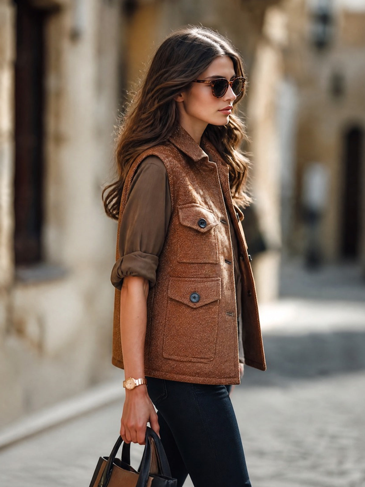 Chic Casual Brown Twill Woolen Blend Lapel Collar Single-Breasted Multi Pockets Loose-Fit Cargo Vest