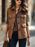 Chic Casual Brown Twill Woolen Blend Lapel Collar Single-Breasted Multi Pockets Loose-Fit Cargo Vest