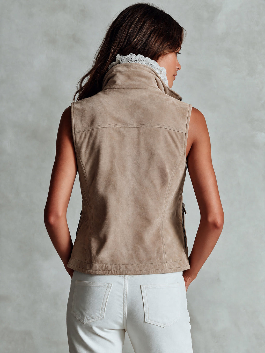 Chic Casual Beige Faux Suede Stand Collar Zipper-Placket Multi Pockets Loose-Fit Cargo Vest