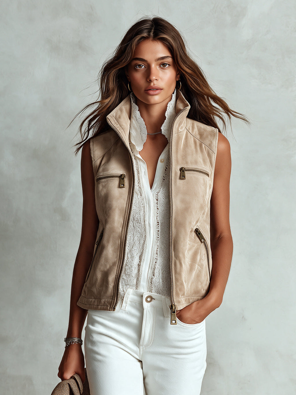Chic Casual Beige Faux Suede Stand Collar Zipper-Placket Multi Pockets Loose-Fit Cargo Vest