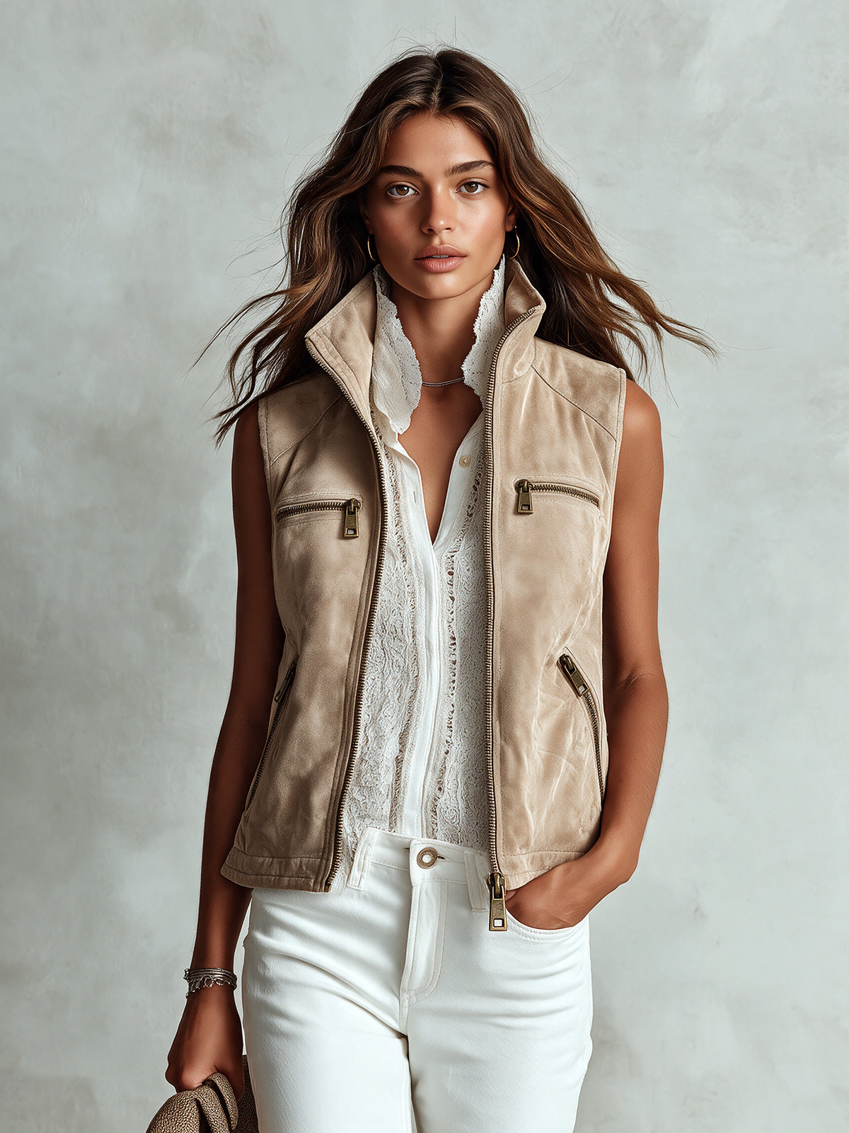 Chic Casual Beige Faux Suede Stand Collar Zipper-Placket Multi Pockets Loose-Fit Cargo Vest