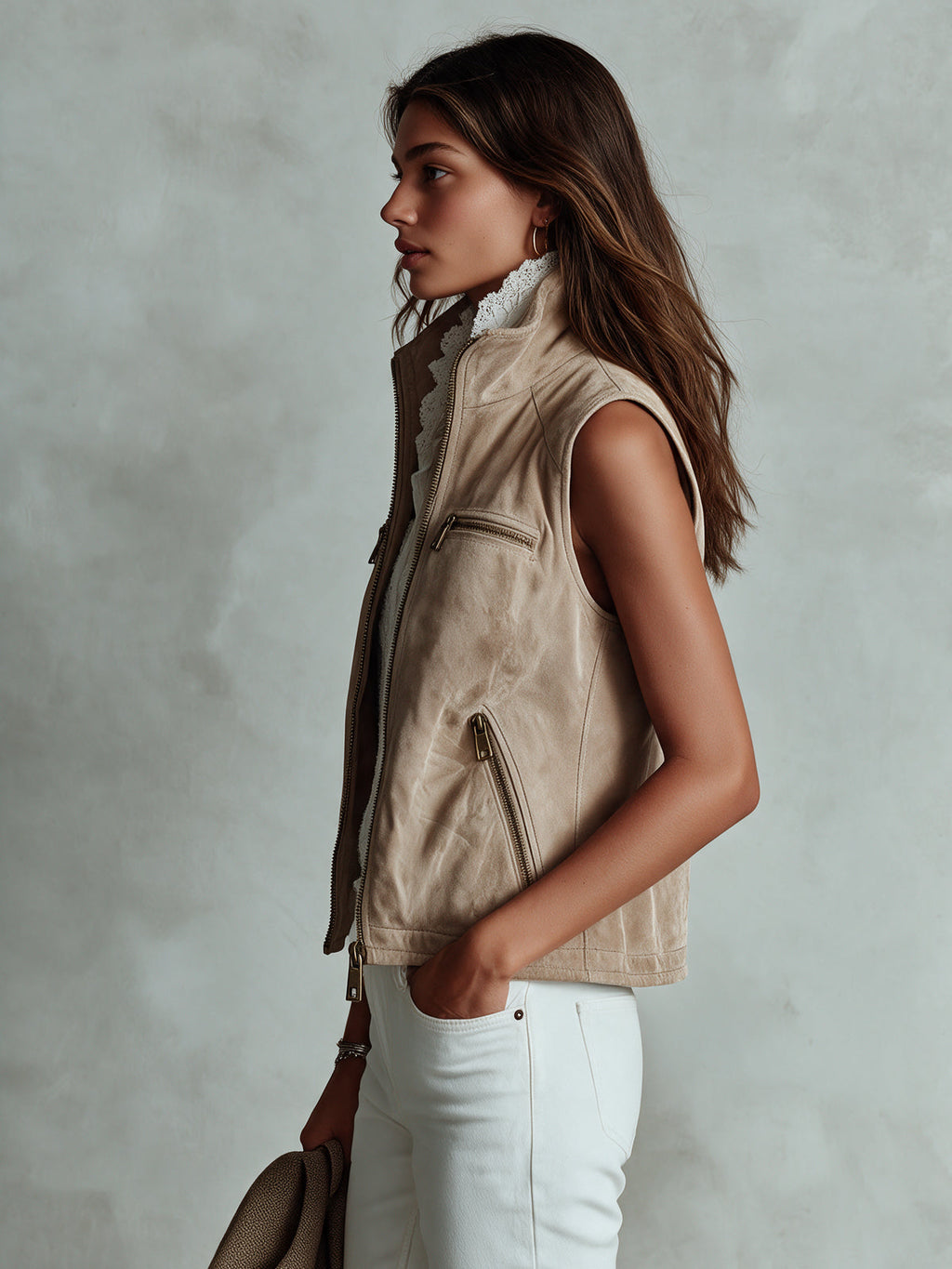 Chic Casual Beige Faux Suede Stand Collar Zipper-Placket Multi Pockets Loose-Fit Cargo Vest