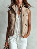 Chic Casual Beige Faux Suede Stand Collar Zipper-Placket Multi Pockets Loose-Fit Cargo Vest