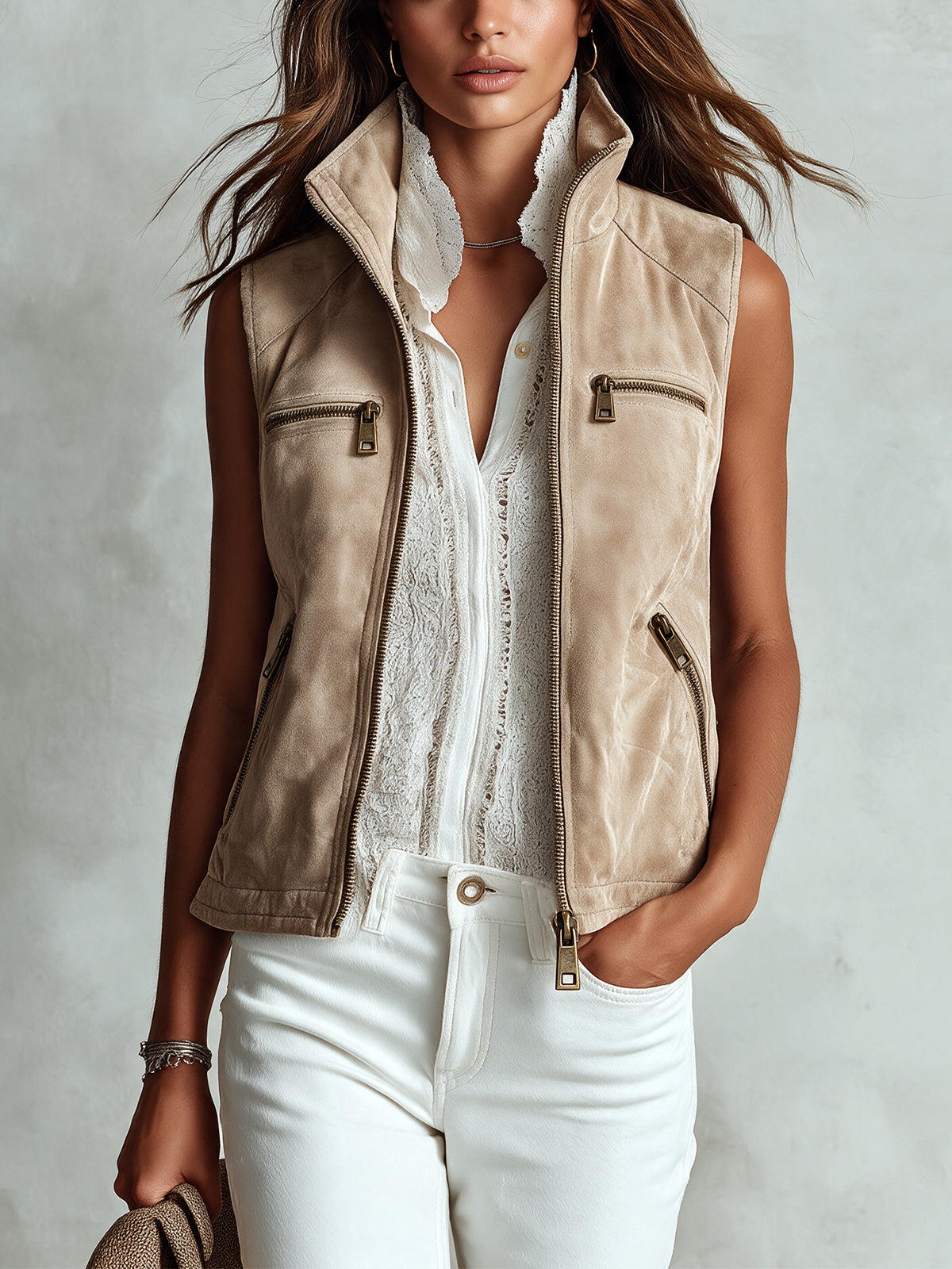 Chic Casual Beige Faux Suede Stand Collar Zipper-Placket Multi Pockets Loose-Fit Cargo Vest