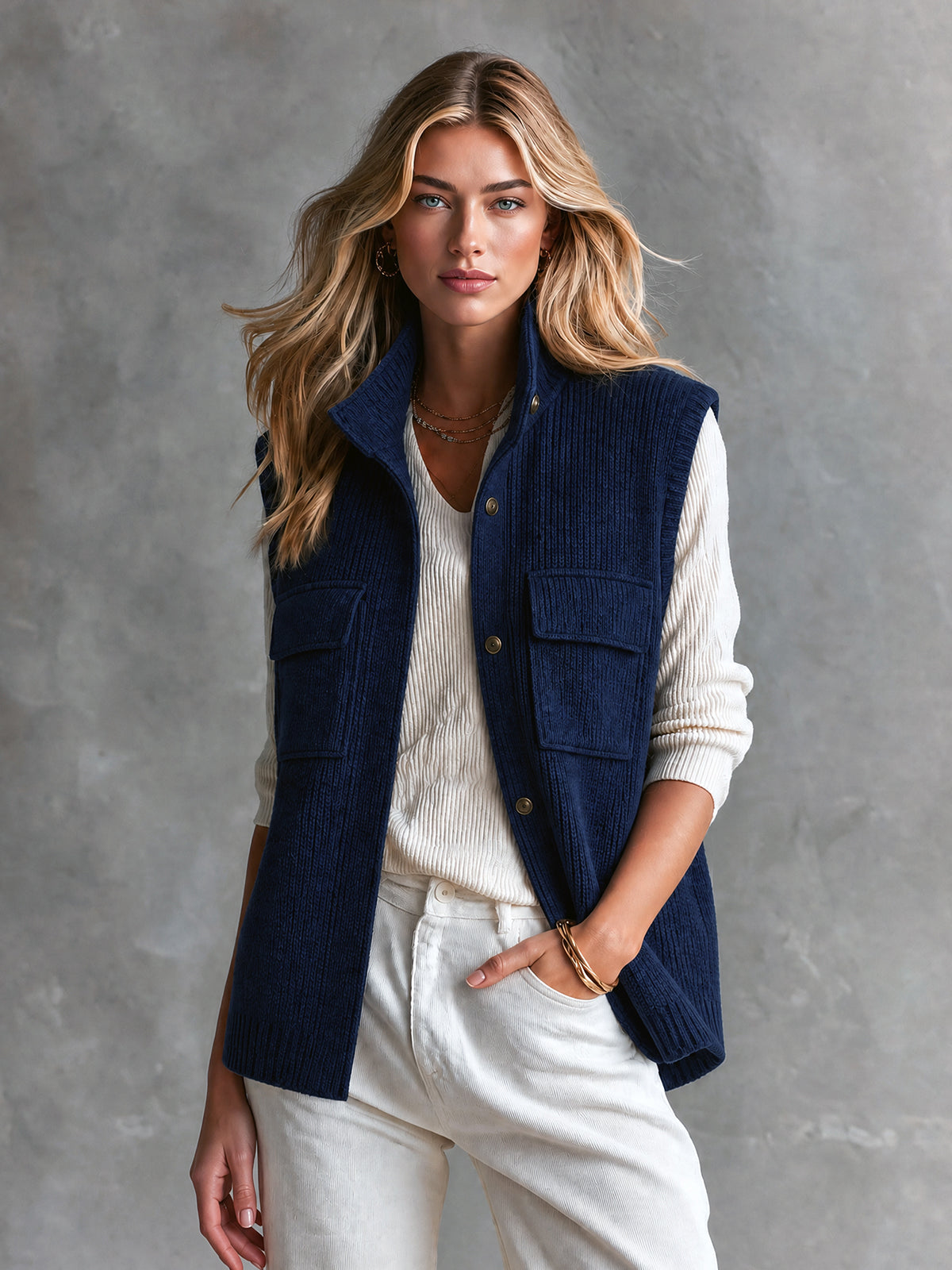 Chic Elegant Navy Blue Stand Collar Single-Breasted Flap Pockets Loose-Fit Wool Blend Ribbed Knit Vest
