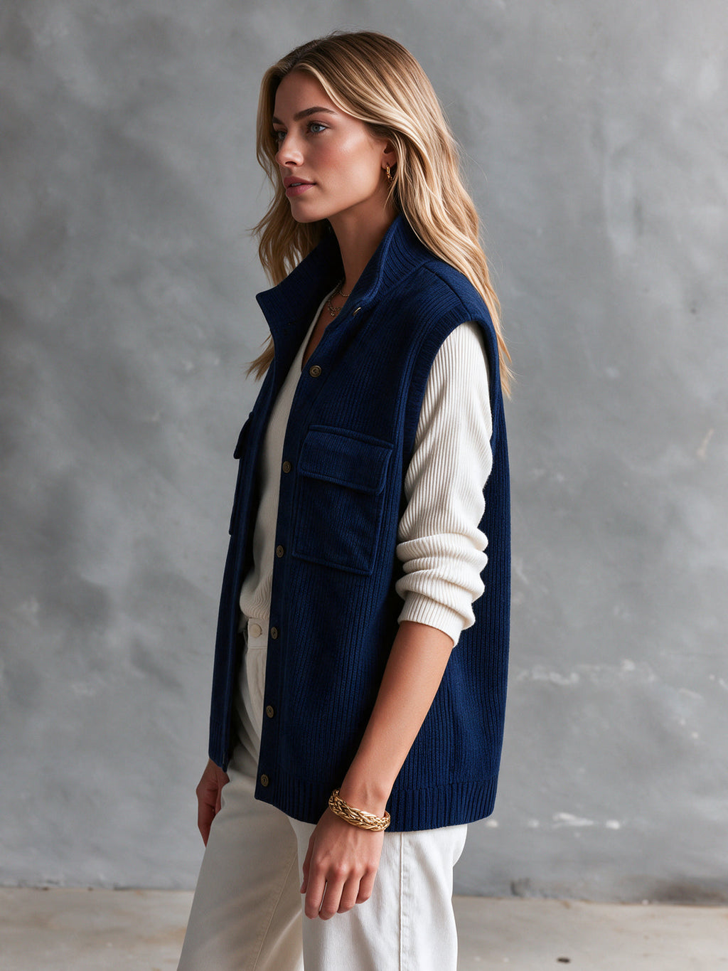 Chic Elegant Navy Blue Stand Collar Single-Breasted Flap Pockets Loose-Fit Wool Blend Ribbed Knit Vest