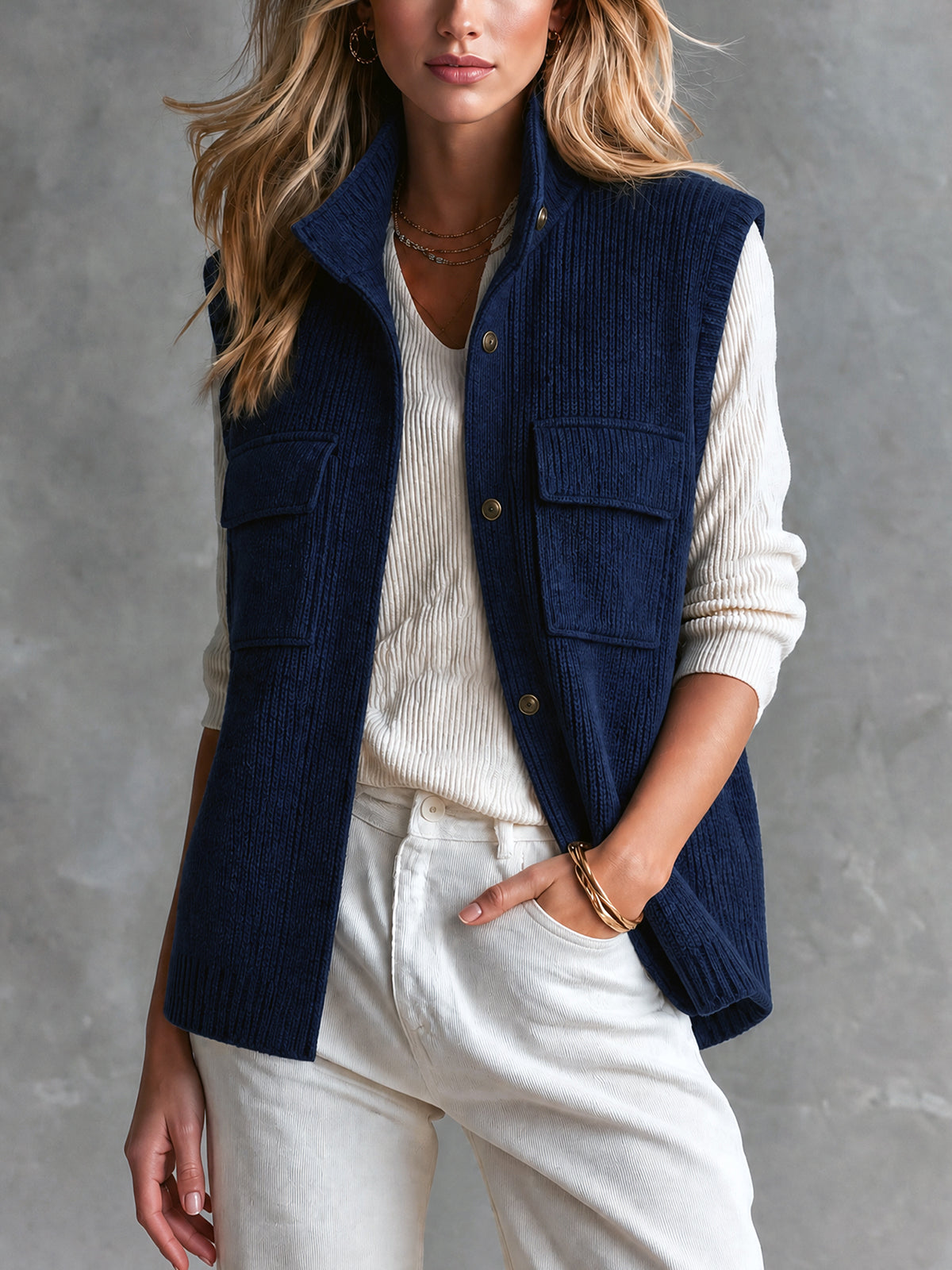 Chic Elegant Navy Blue Stand Collar Single-Breasted Flap Pockets Loose-Fit Wool Blend Ribbed Knit Vest