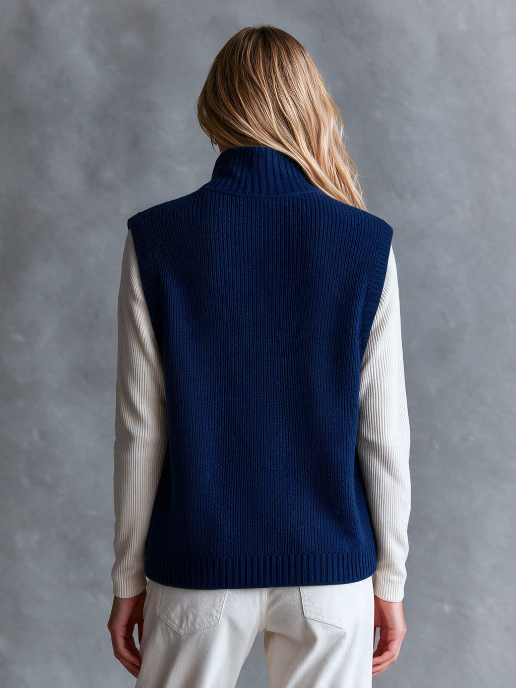Chic Elegant Navy Blue Stand Collar Single-Breasted Flap Pockets Loose-Fit Wool Blend Ribbed Knit Vest