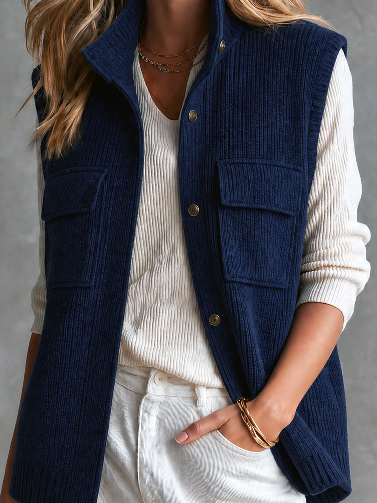 Chic Elegant Navy Blue Stand Collar Single-Breasted Flap Pockets Loose-Fit Wool Blend Ribbed Knit Vest