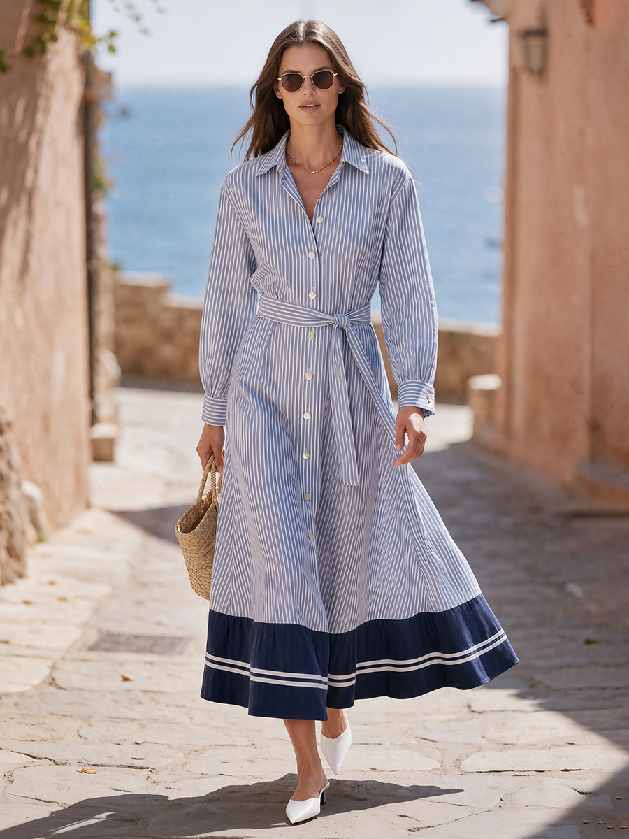 Nautical Blue And White Striped Long Sleeve Button Front Belted Waist Contrast Navy Border Hem Flowy Cotton Poplin Shirt Midi Dress