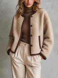 Chic Casual Oat Beige Round-Neck Single-Breasted Contrast Trim Long-Sleeve Loose-Fit Woven Fabric Jacket