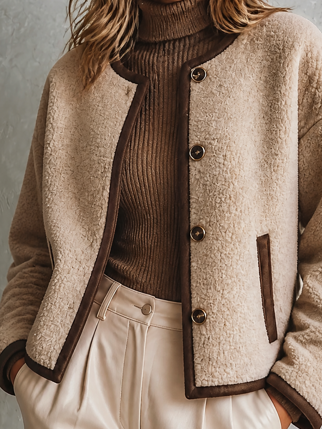 Chic Casual Oat Beige Round-Neck Single-Breasted Contrast Trim Long-Sleeve Loose-Fit Woven Fabric Jacket