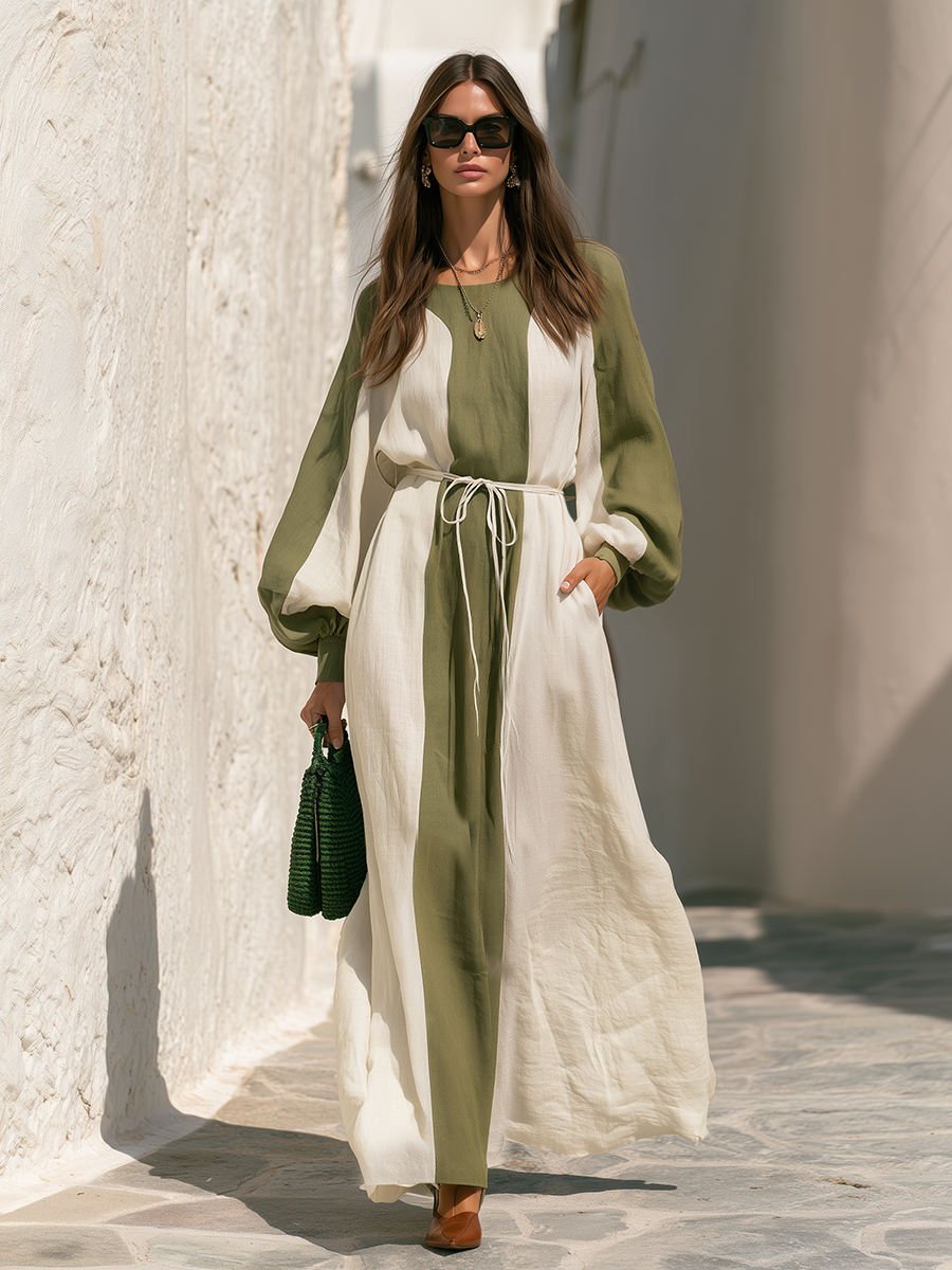 Olive Green And Cream Color Block Long Balloon Sleeve Drawstring Waist Pocketed Textured Linen Blend Maxi Dress