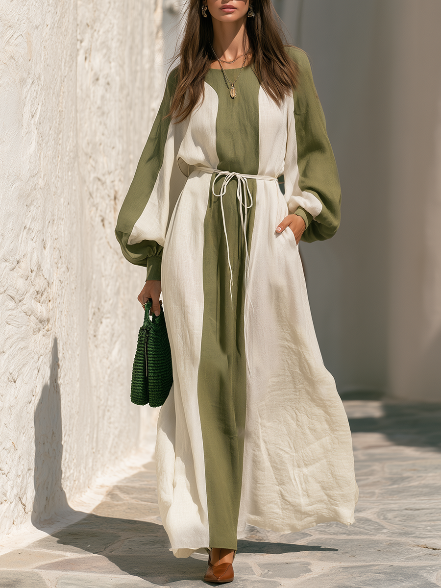 Olive Green And Cream Color Block Long Balloon Sleeve Drawstring Waist Pocketed Textured Linen Blend Maxi Dress