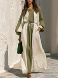Olive Green And Cream Color Block Long Balloon Sleeve Drawstring Waist Pocketed Textured Linen Blend Maxi Dress