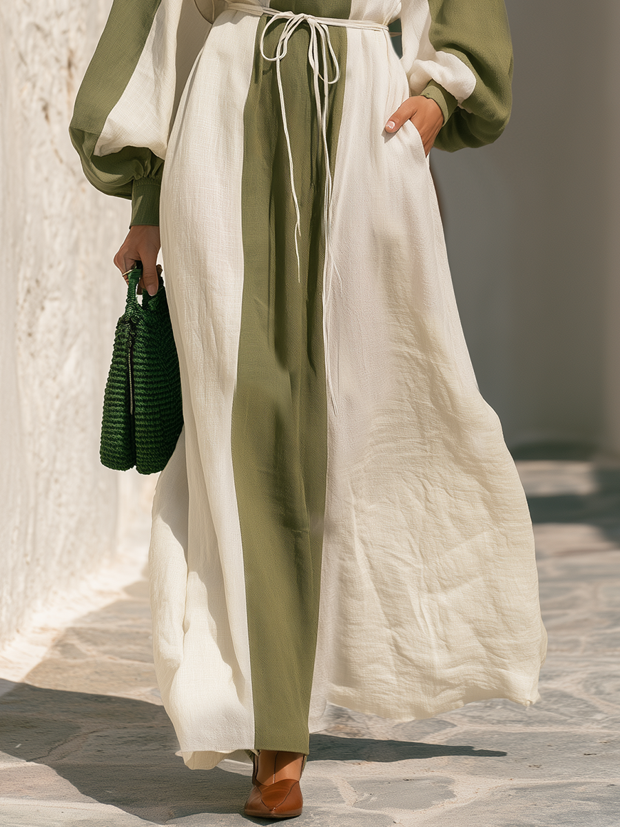 Olive Green And Cream Color Block Long Balloon Sleeve Drawstring Waist Pocketed Textured Linen Blend Maxi Dress