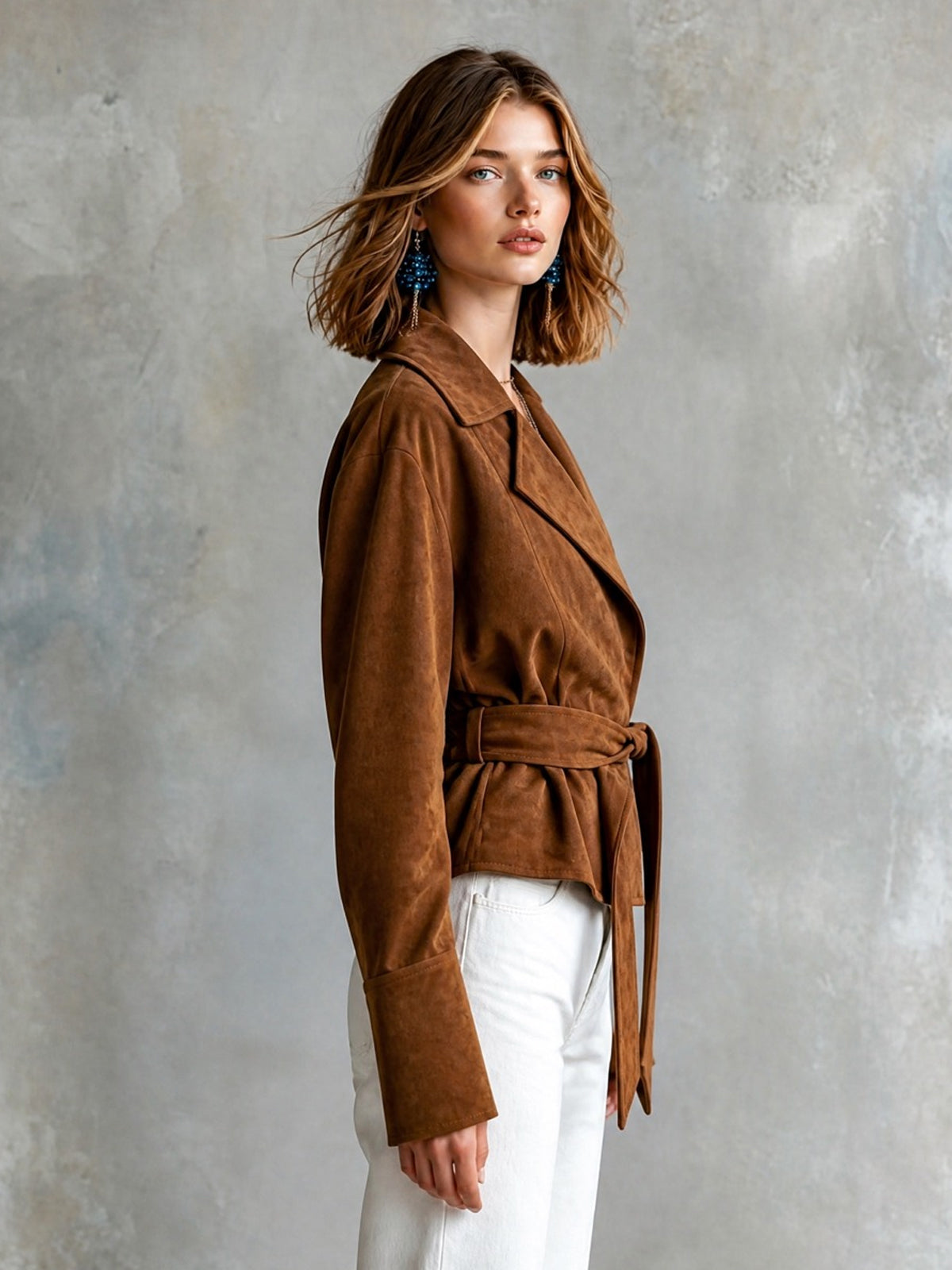 Chic Elegant Brown Faux Suede Notched Lapel Open-Front Belted Long-Sleeve Loose-Fit Cropped Jacket