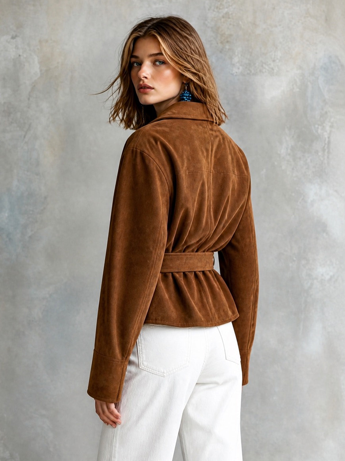 Chic Elegant Brown Faux Suede Notched Lapel Open-Front Belted Long-Sleeve Loose-Fit Cropped Jacket