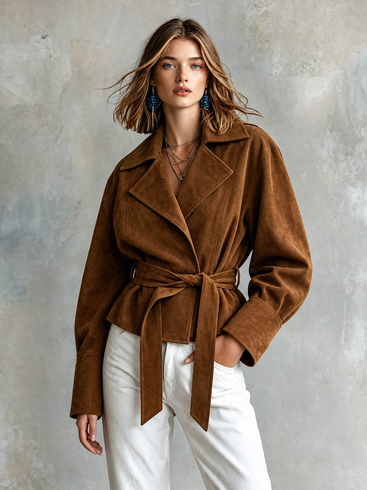 Chic Elegant Brown Faux Suede Notched Lapel Open-Front Belted Long-Sleeve Loose-Fit Cropped Jacket