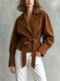 Chic Elegant Brown Faux Suede Notched Lapel Open-Front Belted Long-Sleeve Loose-Fit Cropped Jacket