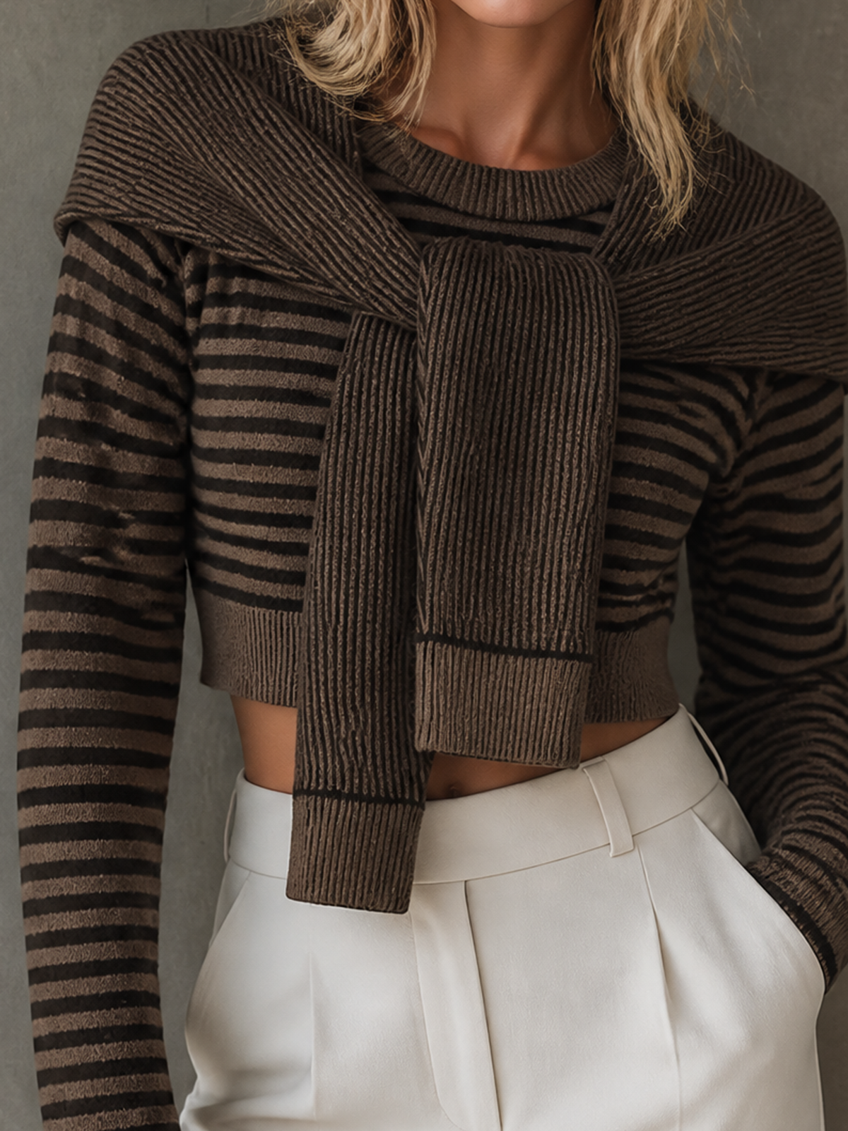 Chic Elegant Brown Tone Stripe Round-Neck Long-Sleeve Cropped Sweater Detachable Cape Wool Blend Knit Two-Piece Set