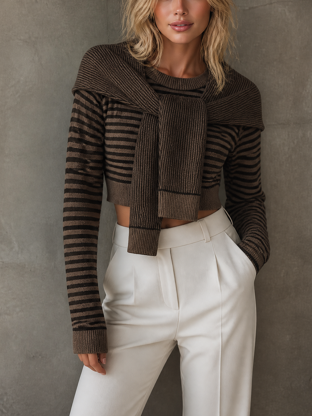 Chic Elegant Brown Tone Stripe Round-Neck Long-Sleeve Cropped Sweater Detachable Cape Wool Blend Knit Two-Piece Set