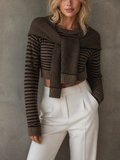 Chic Elegant Brown Tone Stripe Round-Neck Long-Sleeve Cropped Sweater Detachable Cape Wool Blend Knit Two-Piece Set