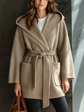 Chic Elegant Light Camel Hooded Collar Long-Sleeve Open-Front Belted Patch Pockets Loose-Fit Wool Blend Knit Cardigan