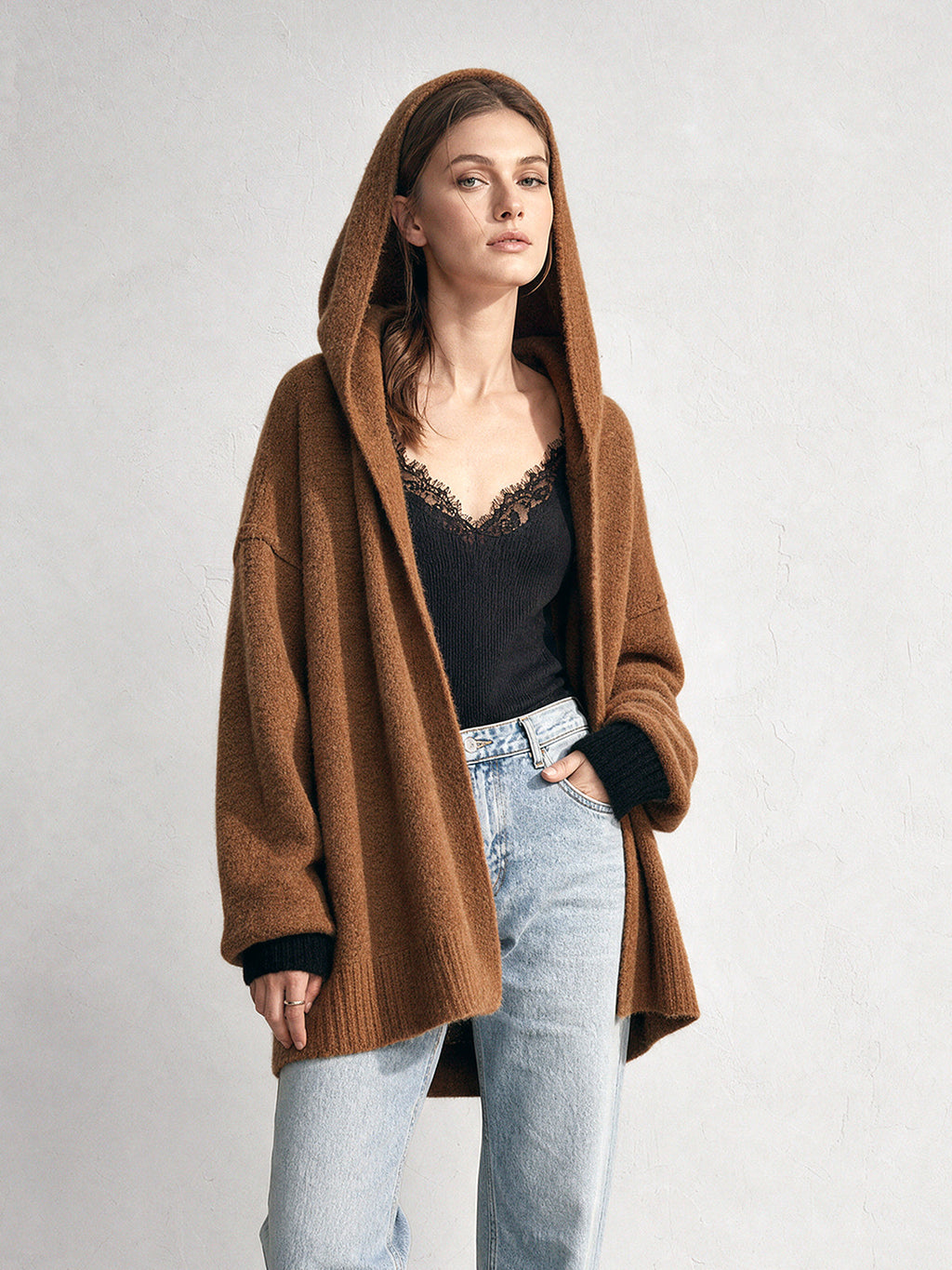 Chic Casual Brown-Black Colorblock Hooded Collar Long-Sleeve Open-Front Loose-Fit Wool Blend Knit Cardigan
