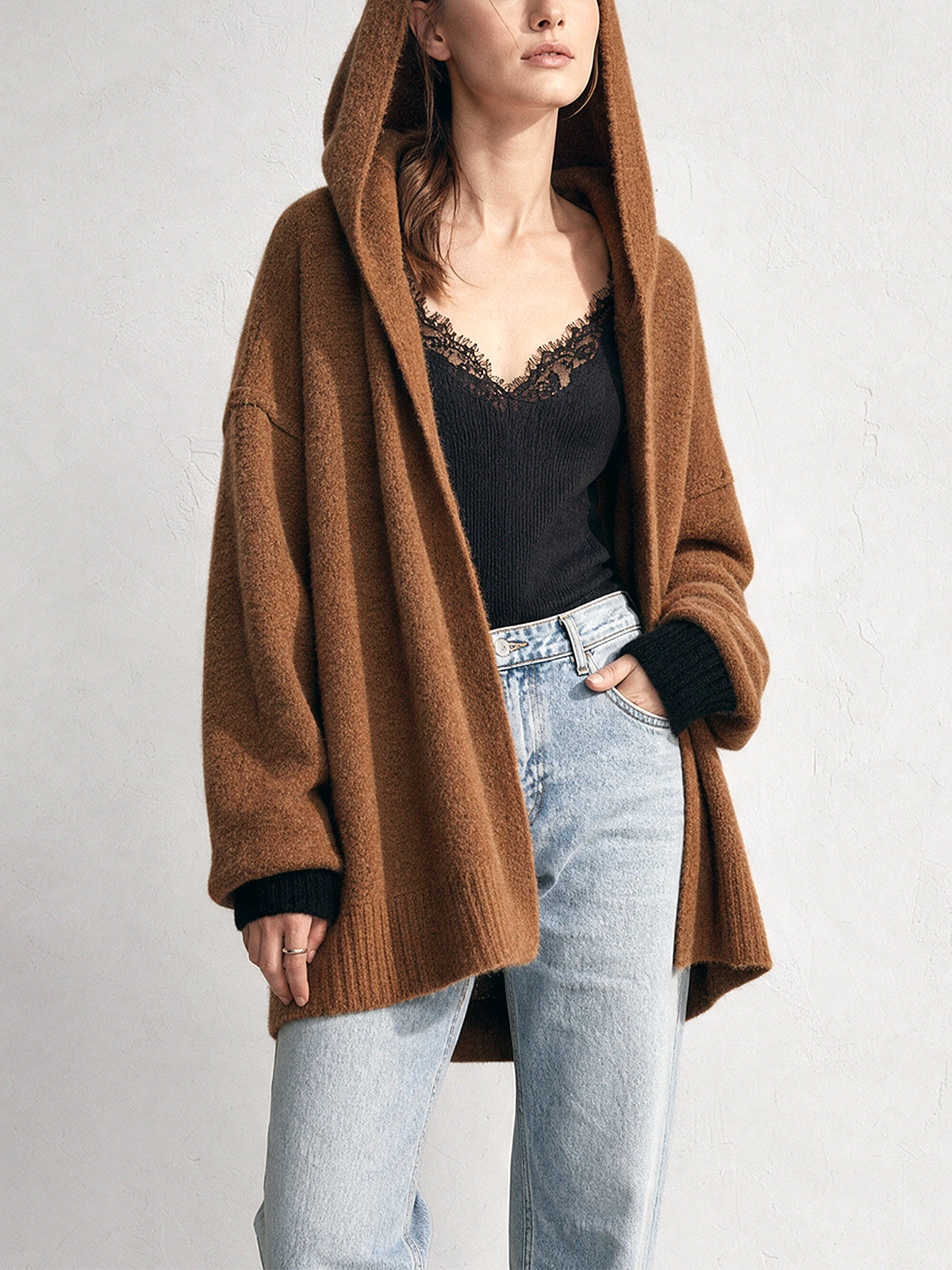 Chic Casual Brown-Black Colorblock Hooded Collar Long-Sleeve Open-Front Loose-Fit Wool Blend Knit Cardigan