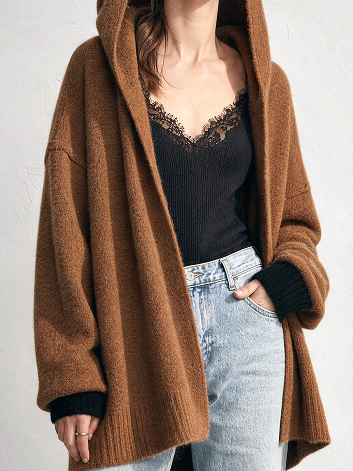 Chic Casual Brown-Black Colorblock Hooded Collar Long-Sleeve Open-Front Loose-Fit Wool Blend Knit Cardigan