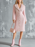 Chic Elegant Pink Notched Lapel Single-Breasted Long-Sleeve A-Line Fuzzy Knit Midi Dress