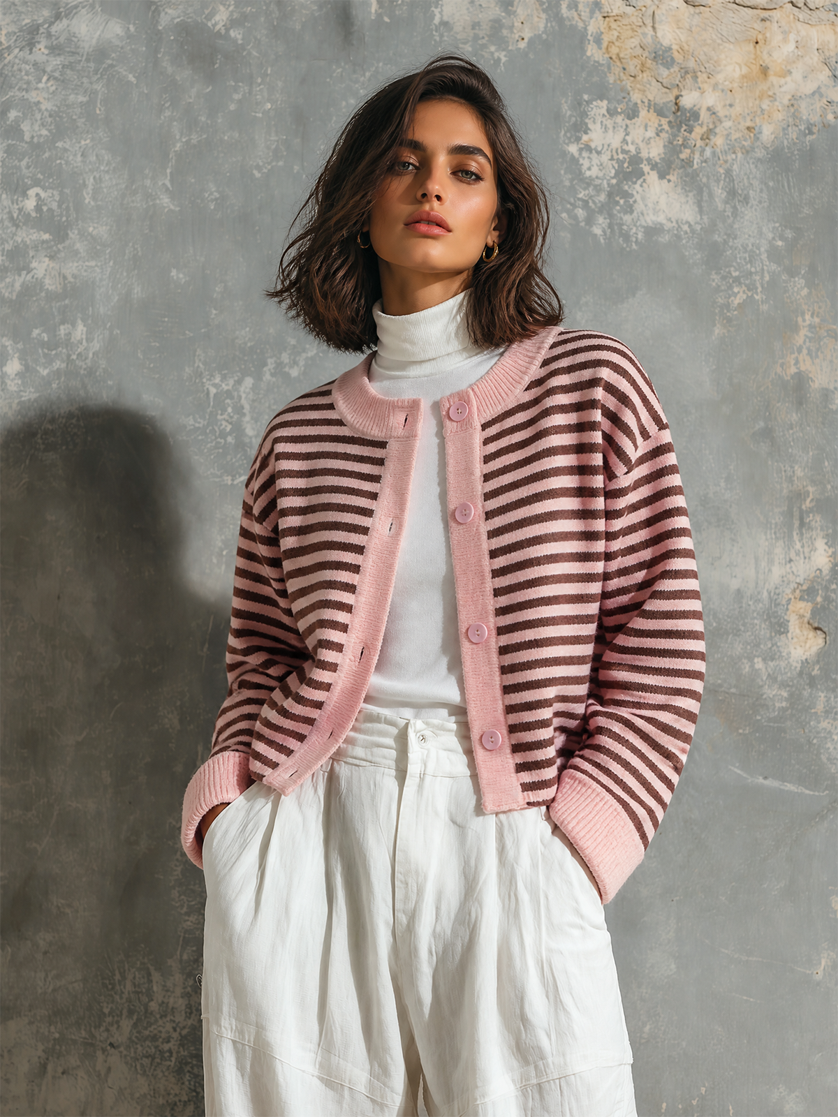 Chic Elegant Pink-Brown Stripes Round-Neck Single-Breasted Long-Sleeve Loose-Fit Knit Cardigan Top