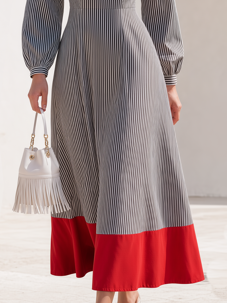 Grey And White Pinstripe Square Neck Long Sleeve Button Cuff Fitted Waist Contrast Red Color Block Hem Midi Dress