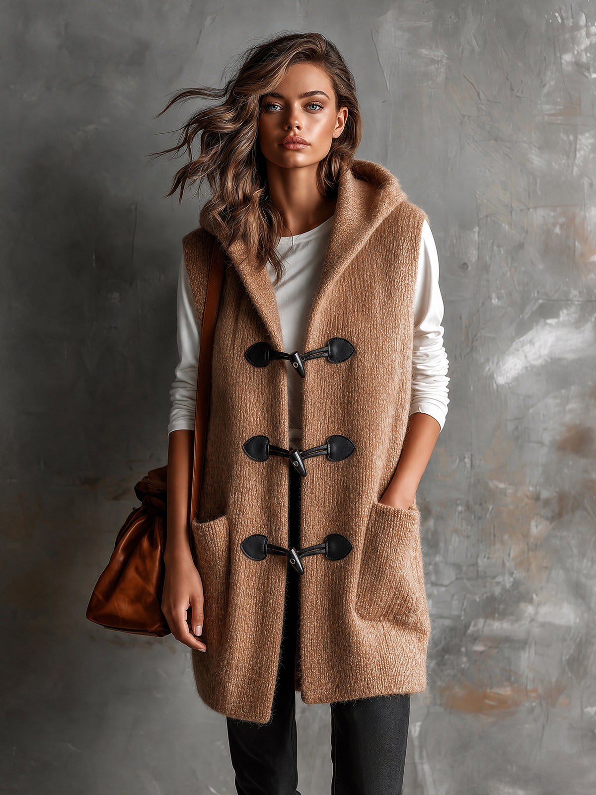 Chic Casual Camel Hooded Collar Toggle Buttons Patch Pockets Loose-Fit Wool Blend Knit Vest