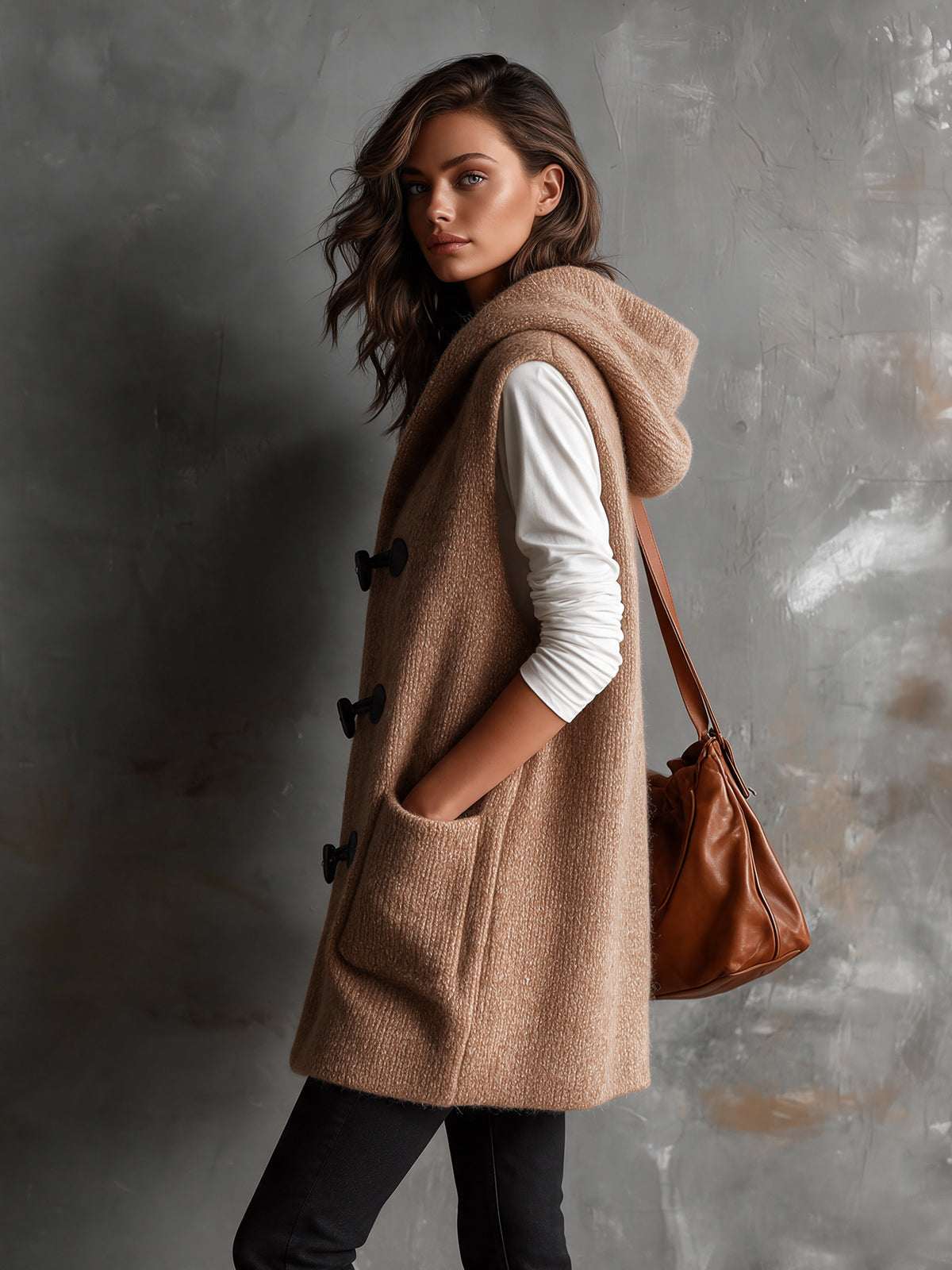 Chic Casual Camel Hooded Collar Toggle Buttons Patch Pockets Loose-Fit Wool Blend Knit Vest