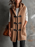 Chic Casual Camel Hooded Collar Toggle Buttons Patch Pockets Loose-Fit Wool Blend Knit Vest