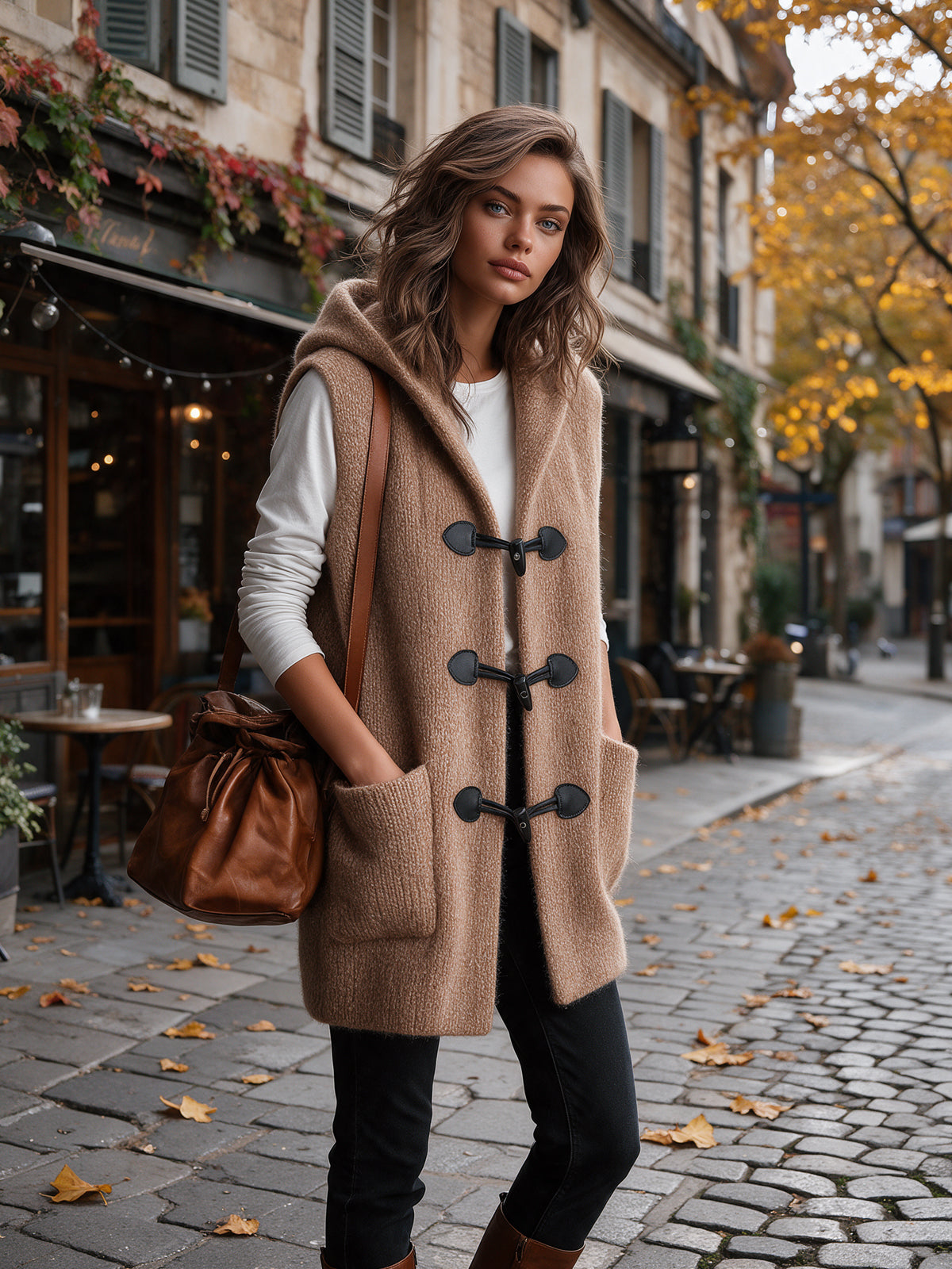 Chic Casual Camel Hooded Collar Toggle Buttons Patch Pockets Loose-Fit Wool Blend Knit Vest