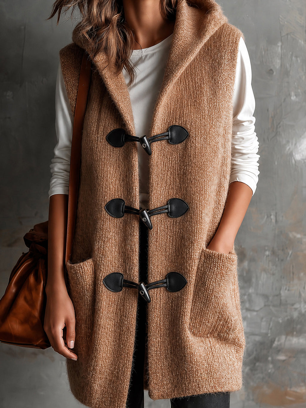 Chic Casual Camel Hooded Collar Toggle Buttons Patch Pockets Loose-Fit Wool Blend Knit Vest
