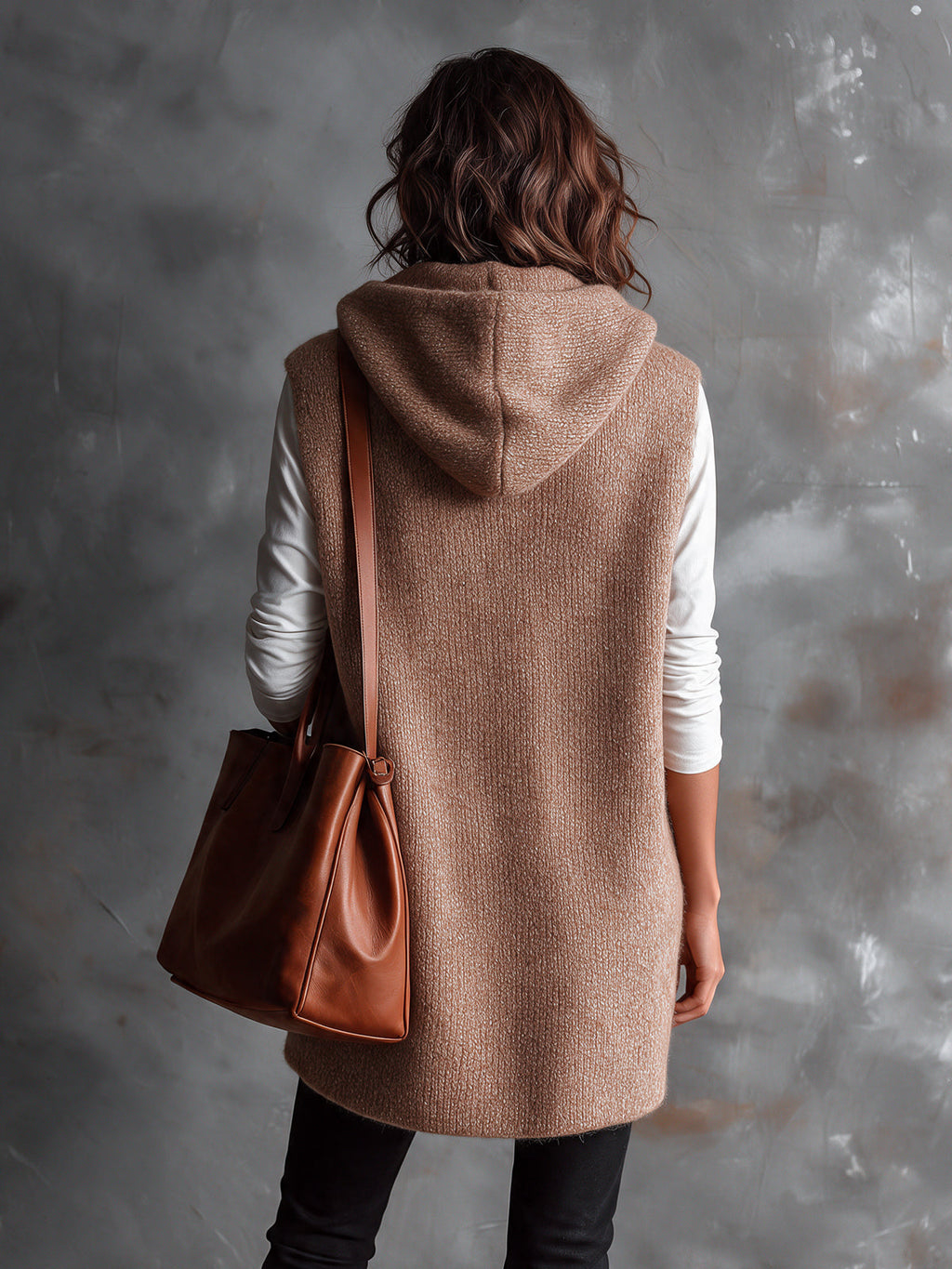 Chic Casual Camel Hooded Collar Toggle Buttons Patch Pockets Loose-Fit Wool Blend Knit Vest