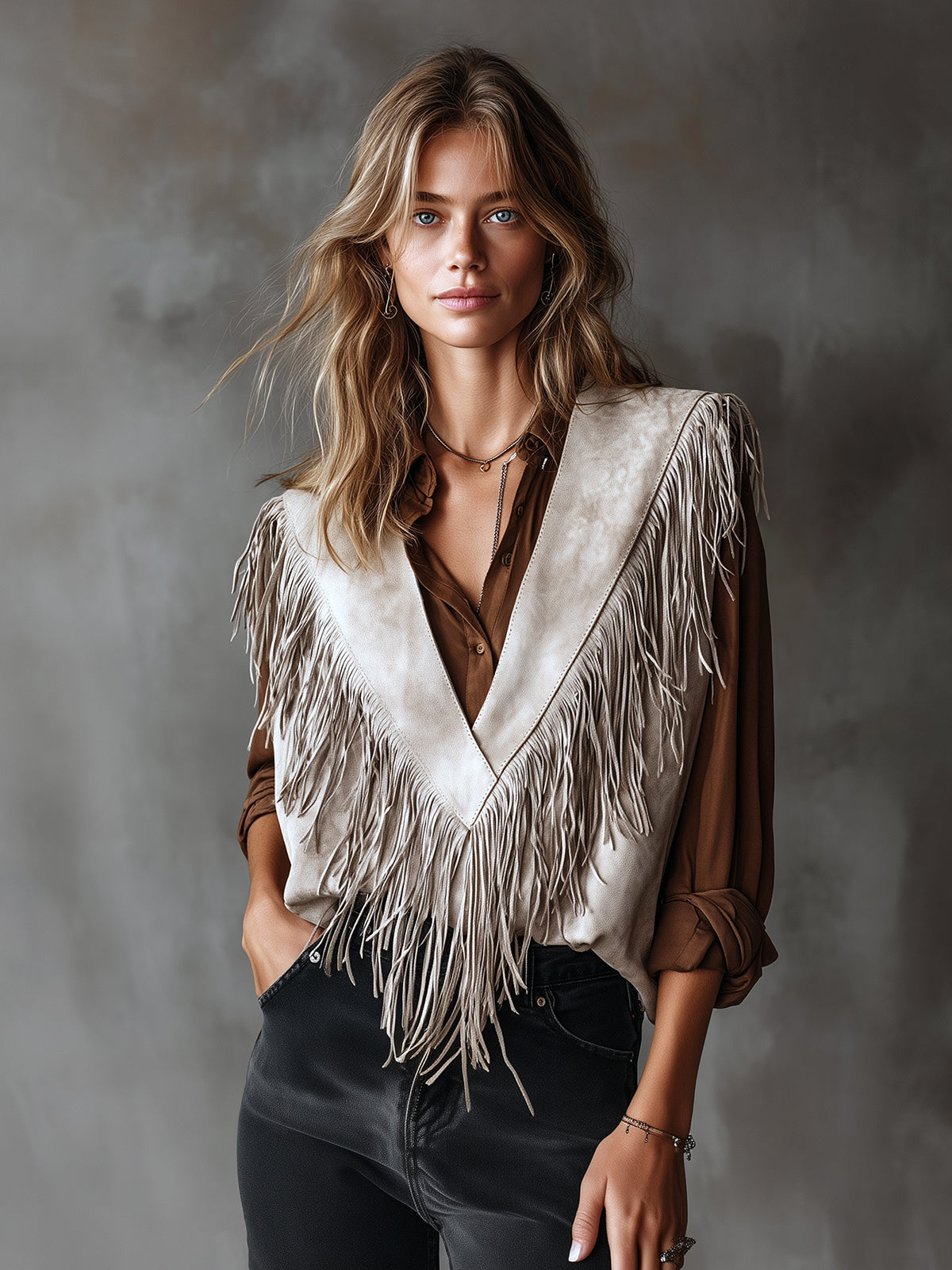 Chic Casual Light Gray Faux Suede V-Neck SleevelessFringe Detail Loose-Fit Vest